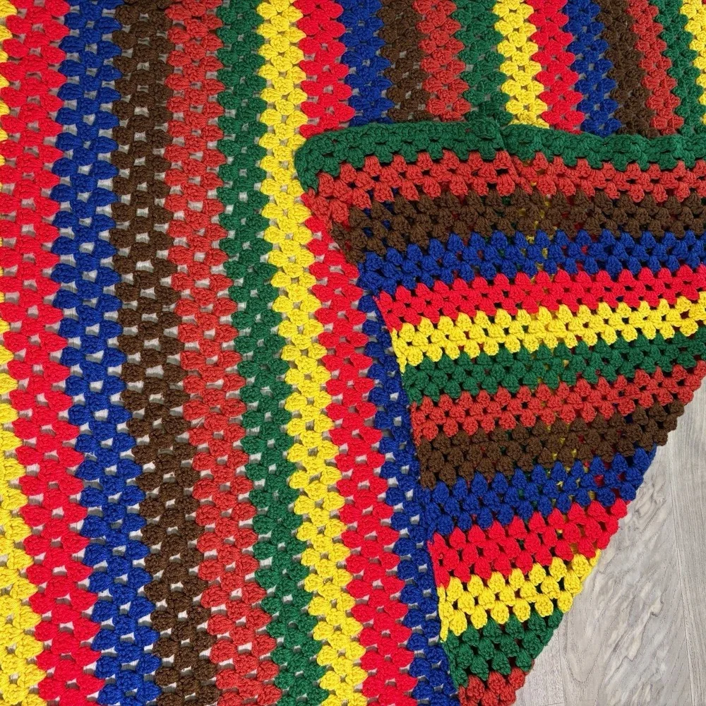 Vintage Large Afghan Hand Knit Crochet Granny Stripes Blanket 60x37 Bright Color
